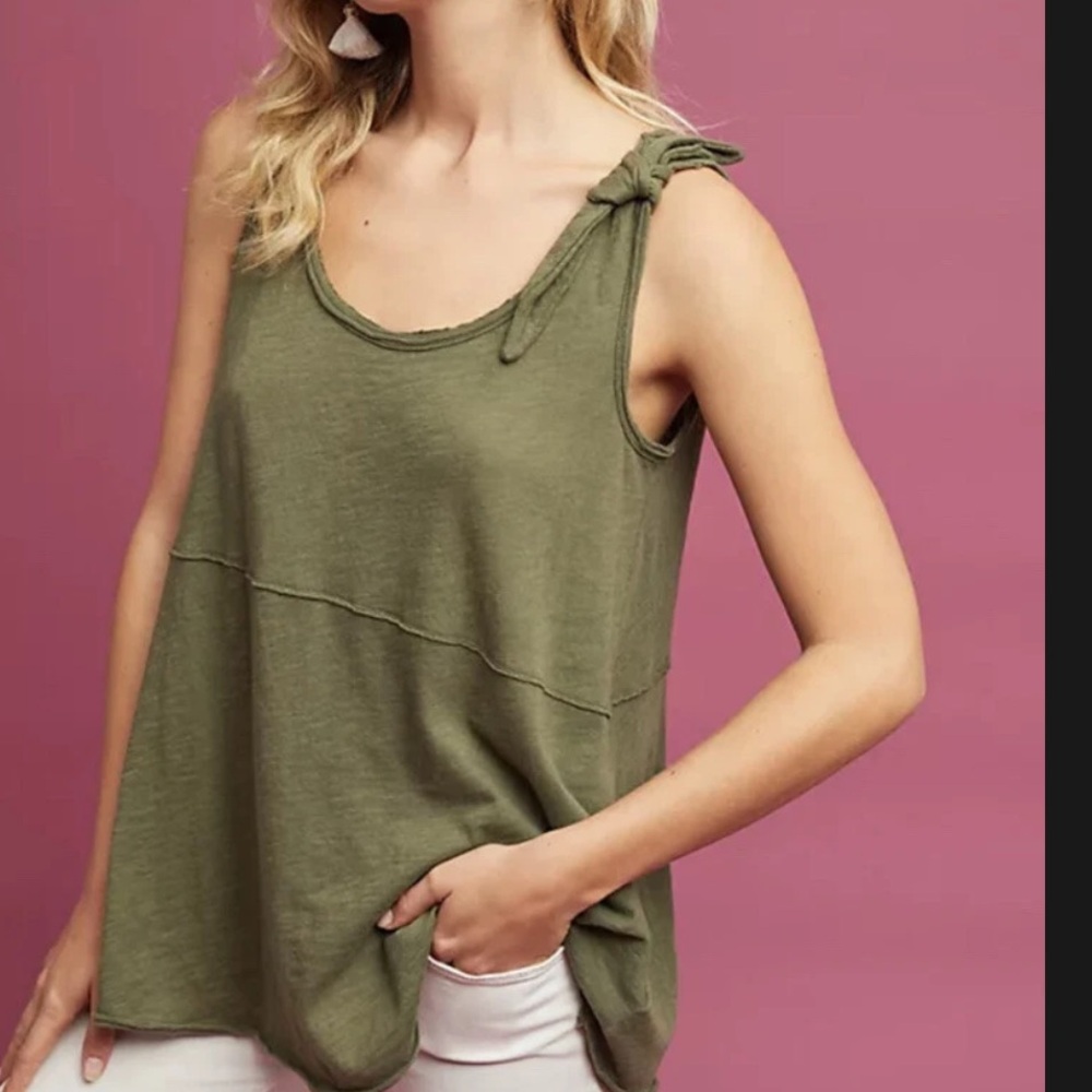 Anthropologie (Pure + Good) Tie-Shoulder Top Green  NWT Size Medium